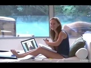 Summer excellent young blonde amateur posing and painting toenails