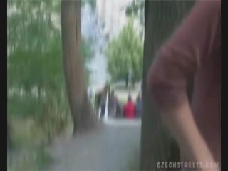 Czech girl sucking phallus on the street for money