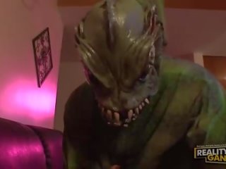 Little gorgeous brunette fucked hard by fellow with monster costume