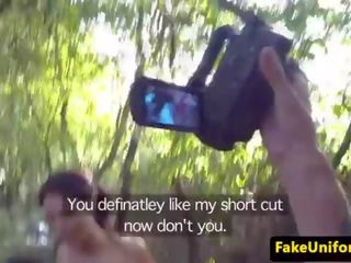 Brit cutie fucked by fake cop duo outdoors