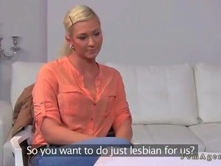 Blonde masturbates on casting for her female boss