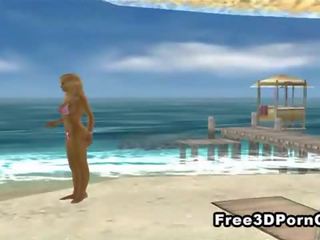 Fantastic 3D cartoon blonde masturbating on the beach