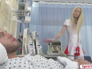 Blonde shemale Nurse Jenna Gargles slurps and fucks patients penis
