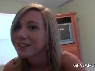 Smiling blonde sucks and humps peter in POV